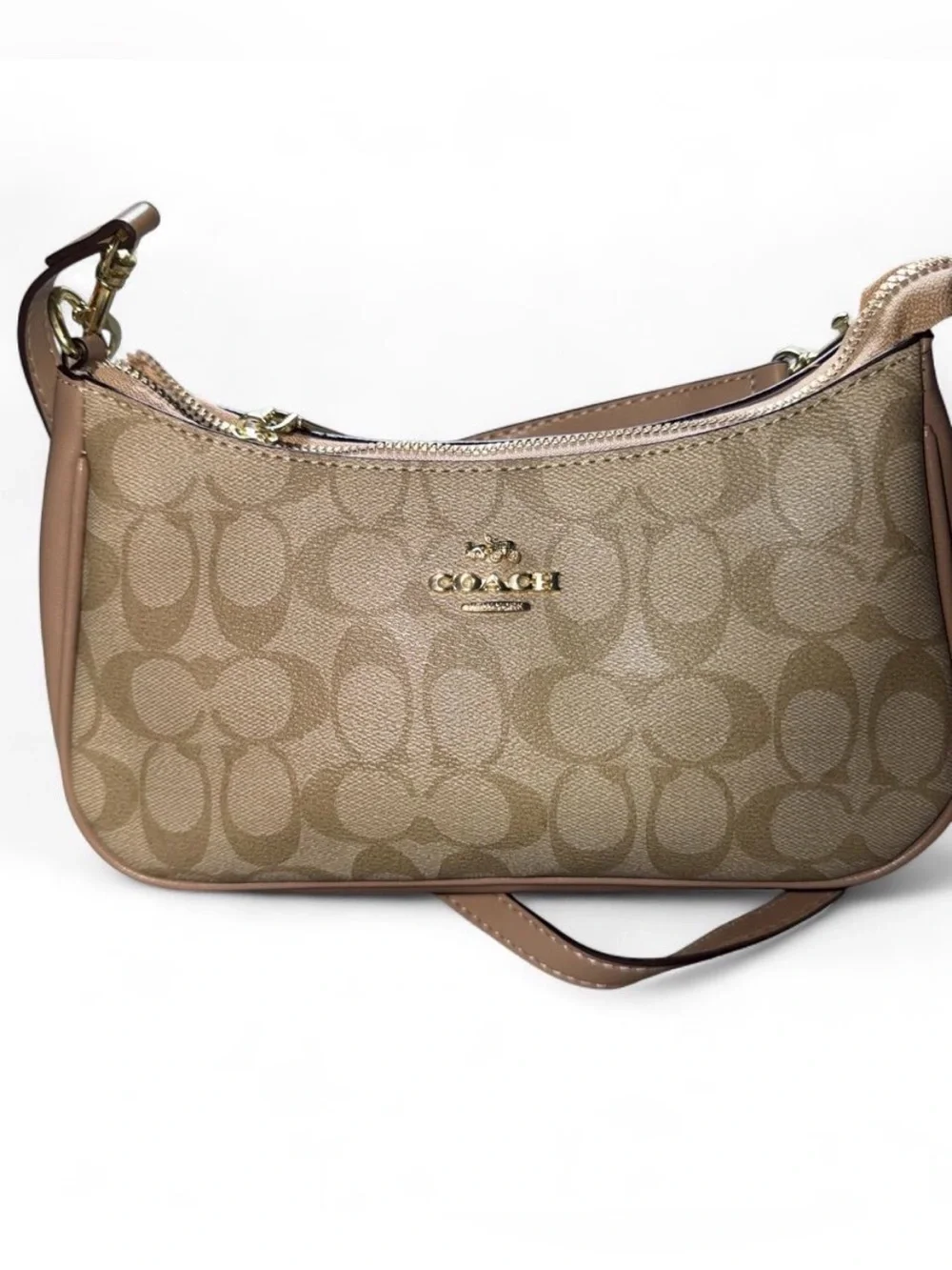 Coach Tan Logo-Print Shoulder Bag with Gold Hardware